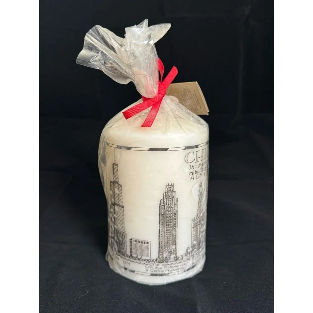 Vintage Chicago Souvenir Pillar Candle City Illustration Enesco Rosalind Walshe